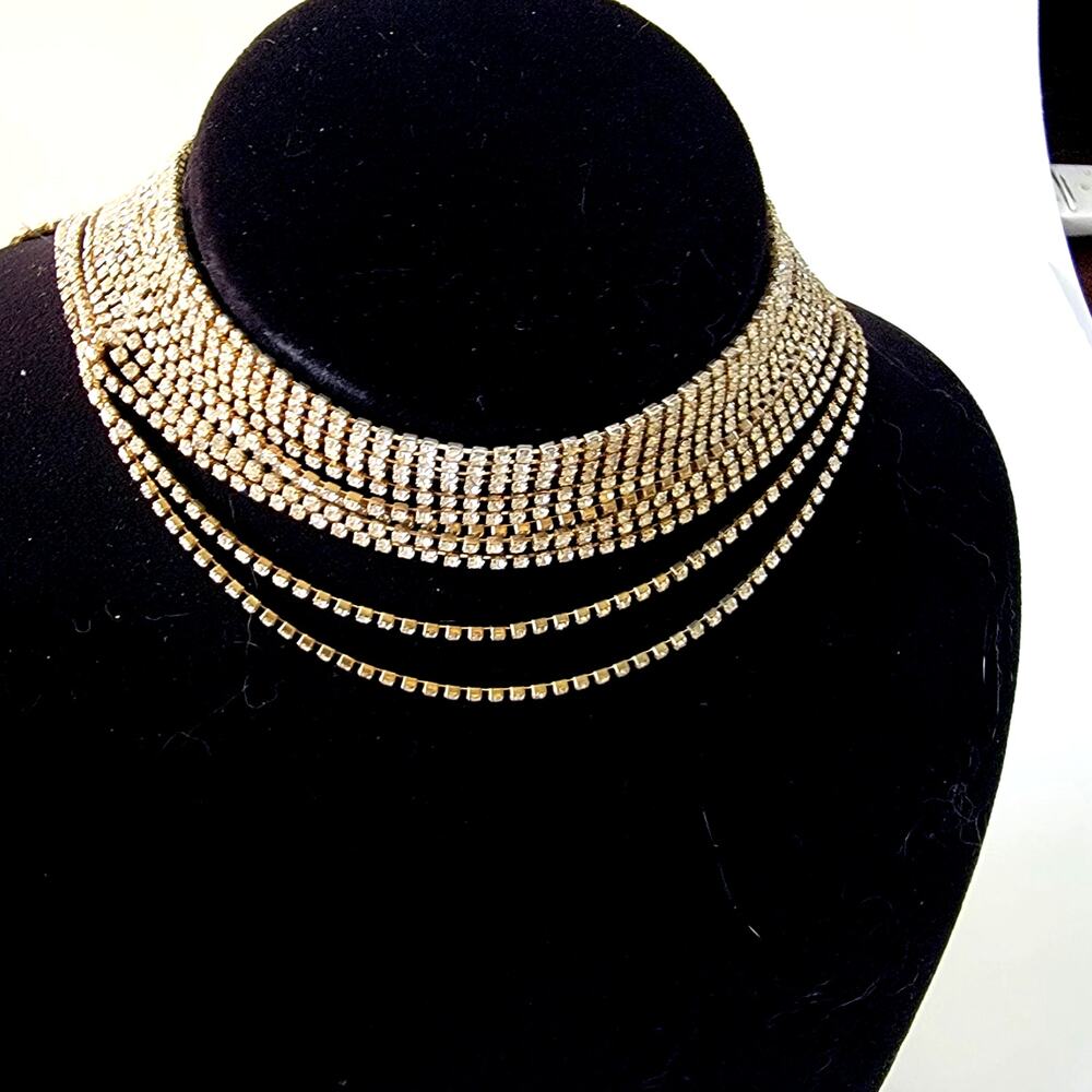 Sparkling Vintage Rhinestone Choker Necklace Multi-Strand Statement Evening Wear